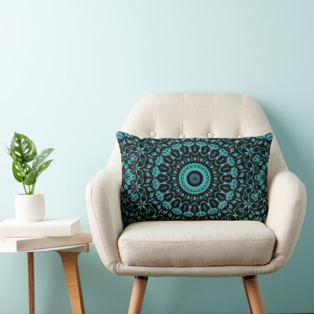 Donker Turquoise Bloemrijke Mandala Kussen (Stoel)