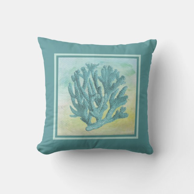 Donker Turquoise Coral Branch Outdoor Kussen (Voorkant)
