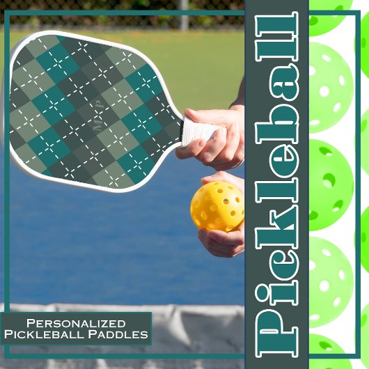 Donker Turquoise en Grijze Argyle met Witte Steek Pickleball Paddle