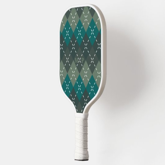 Donker Turquoise en Grijze Argyle met Witte Steek Pickleball Paddle (Links)