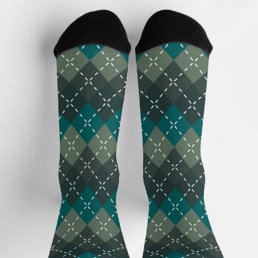 Donker Turquoise en Grijze Argyle, Wit Stikkend Sokken (Top)