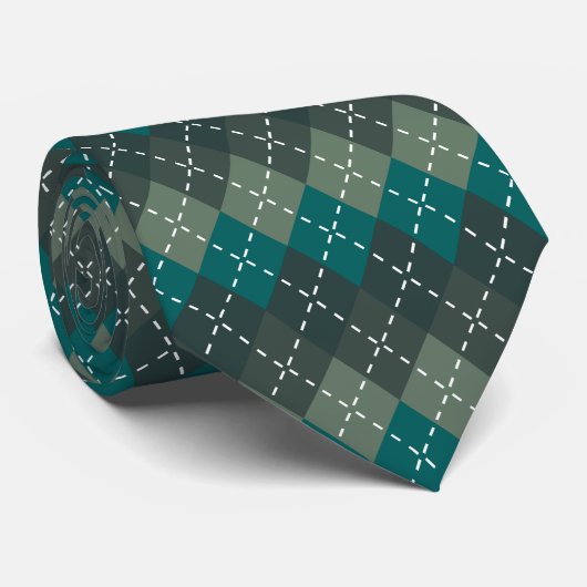 Donker Turquoise en Grijze Argyle, Wit Stikkend Stropdas (Opgerold)
