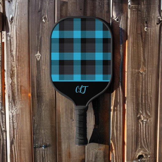 Donker Turquoise en zwart Buffalo Plaid Monogram Pickleball Paddle