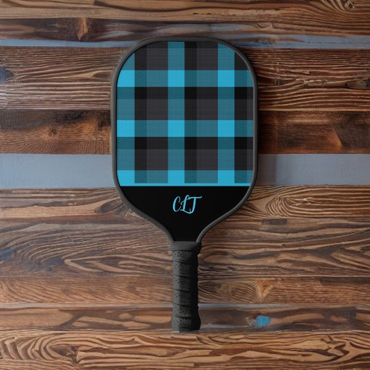 Donker Turquoise en zwart Buffalo Plaid Monogram Pickleball Paddle