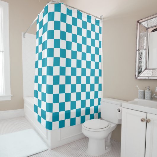 Donker turquoise geruit douchegordijn (In situ)