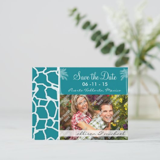 Donker Turquoise Giraffe Print; Zomerpalm Aankondigingskaart (Staand voorkant)
