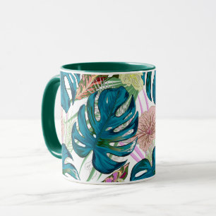 Donker turquoise monstera, delicate perzik en geel mok