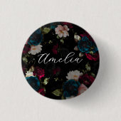 Donker Turquoise Rode Bloemige Monogram Ronde Button 3,2 Cm (Voorkant)