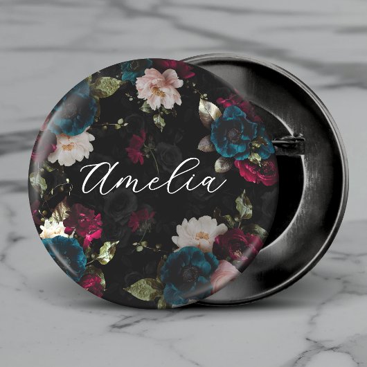 Donker Turquoise Rode Bloemige Monogram Ronde Button 3,2 Cm