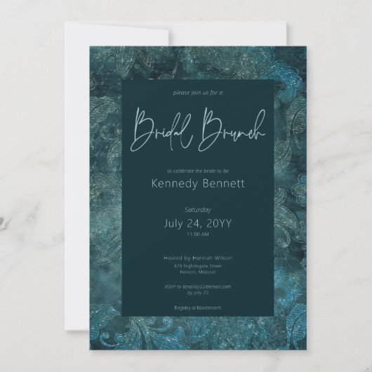 Donker Victoriaans Blauwgroen Damask Bridal Brunch Kaart (Voorkant)