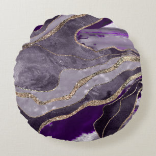 Donker Violet Marble Agate Gold Glitter Glam #1  Rond Kussen