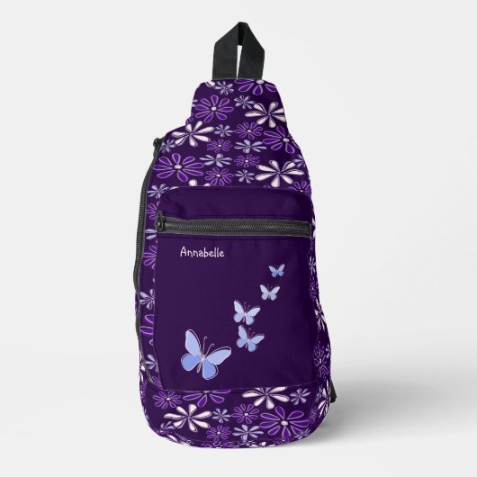 Donker violette bloem doedel patroon sling bag (Voorkant)