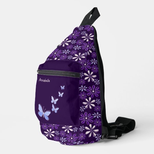 Donker violette bloem doedel patroon sling bag (Rechterhoek)