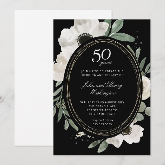 Donker Waterverf Bloemengoud Frame 50ste Verjaarda Kaart (Voorkant / Achterkant)