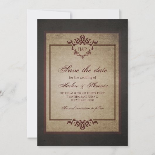 Donker Weathered Gothic Monogram sparen de Datum Save The Date (Voorkant)