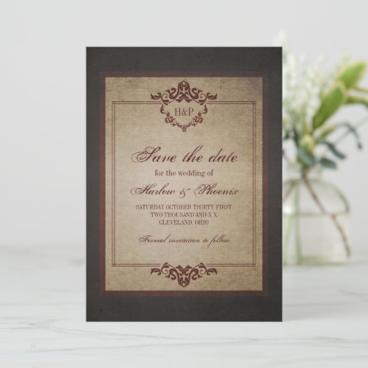 Donker Weathered Gothic Monogram sparen de Datum Save The Date (Staand voorkant)