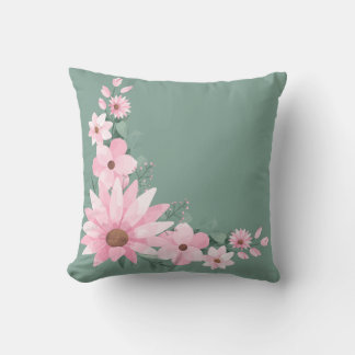 Donker Zee Groen & Roze Bloemen Sierkussen