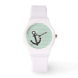 Donker Zee Groene Horizontale Strepen; Anker Horloge