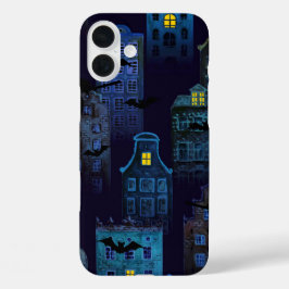 DONKER ZWART & BLAUW SPOOKY HALLOWEEN HUIZEN iPhone 16 PLUS HOESJE