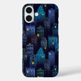 DONKER ZWART & BLAUWE GRIEZELIGE HALLOWEEN HUISEN iPhone 16 PLUS HOESJE