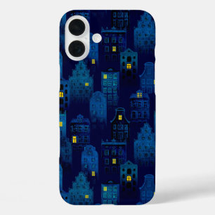 DONKER ZWART & BLAUWE GRIEZELIGE HALLOWEEN HUISEN iPhone 16 PLUS HOESJE