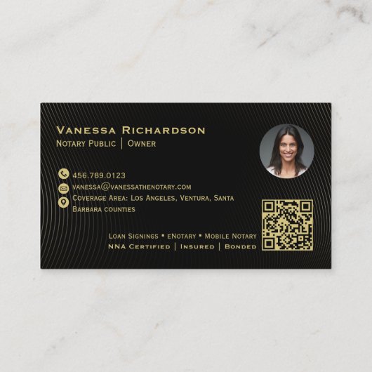 Donker Zwart & Goud Monogram Slanke Notaris QR Fot Visitekaartje (Achterkant)