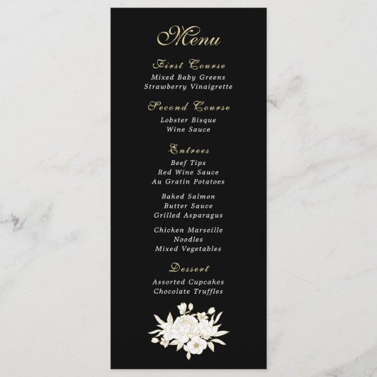 Donker Zwart Goud Wit Script Elegante Bloemen Programmakaart (Voorkant)