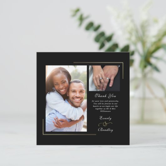 Donker Zwart Goud Wit Script Foto Dank u Kaart (Staand voorkant)