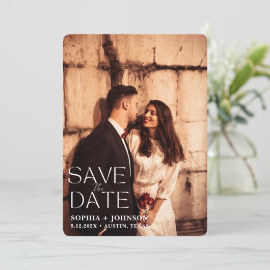 Donker zwart rustieke bloemen paar foto bruiloft save the date (Staand voorkant)