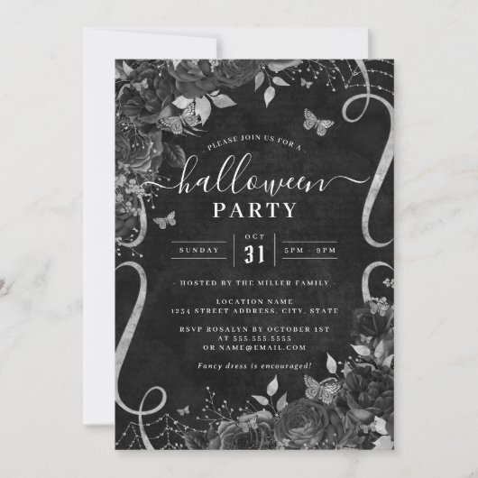 Donker Zwart Spooky Bloemen Scroll Halloween Party Kaart (Voorkant)