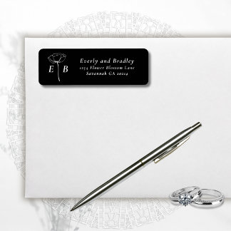 Donker Zwart Wit Monogram Bloemaccent Adres Etiket