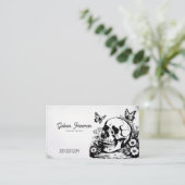 Donker Zwart & Wit Schedel Vlinders Tattoo Artist Visitekaartje (Staand voorkant)