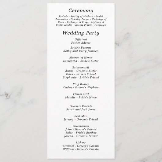 Donker Zwart Wit Script Elegante Minimal Wedding Programmakaart (Achterkant)