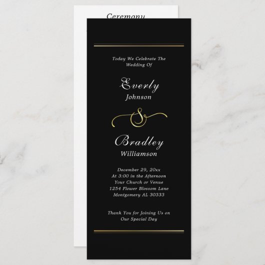 Donker Zwart Wit Script Elegante Minimal Wedding Programmakaart (Voorkant / Achterkant)