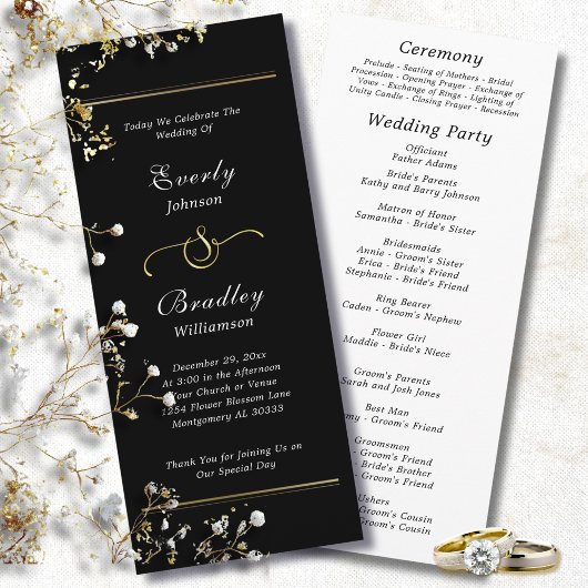 Donker Zwart Wit Script Elegante Minimal Wedding Programmakaart