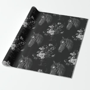 Donker Zwarte Elegante Vintage Paard Bloem Cadeaupapier
