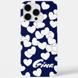 Donkerblauw, aangepaste naam Sjabloon, witte harte iPhone 16 Pro Max Hoesje