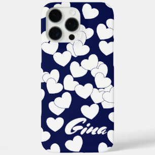 Donkerblauw, aangepaste naam Sjabloon, witte harte iPhone 16 Pro Max Hoesje