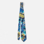 Donkerblauw Aqua Geel Wit Tropische Planten Stropdas (Achterkant)