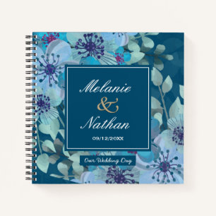 Donkerblauw Aquarel Bloem Elegant Trouwgast Notitieboek