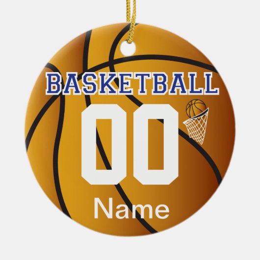 Donkerblauw Basketball | Naam en nummer DIY Keramisch Ornament (Voorkant)