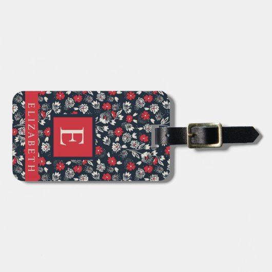 Donkerblauw Blauw Bloemen Rood Grijs Wit Bloemen Bagagelabel (Voorkant horizontaal)