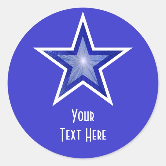 Donkerblauw blauw Star 'Jouw tekst' rond sticker b (Voorkant)