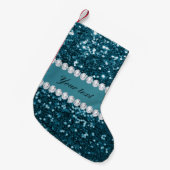 Donkerblauw Blauwgroen Faux Glitter en Diamonds Kleine Kerstsok (Voorkant (Hangend))
