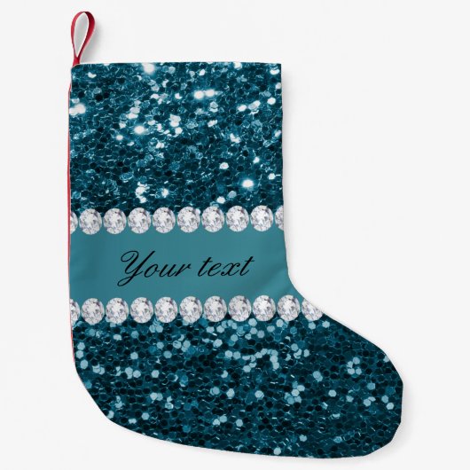 Donkerblauw Blauwgroen Faux Glitter en Diamonds Kleine Kerstsok (Voorkant)