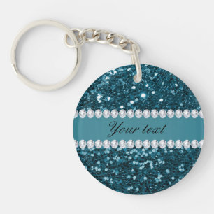 Donkerblauw Blauwgroen Faux Glitter en Diamonds Sleutelhanger