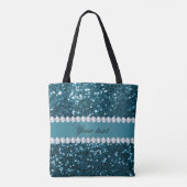 Donkerblauw Blauwgroen Faux Glitter en Diamonds Tote Bag (Achterkant)