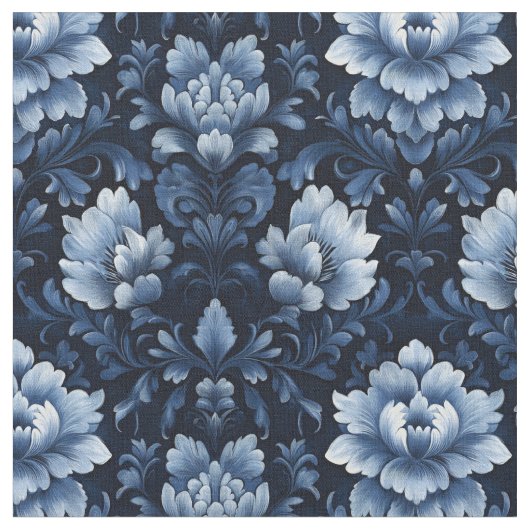 Donkerblauw Bloemdamast Stof (Close Up)