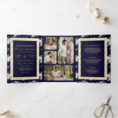 Donkerblauw Bloemen Alles in één Gouden Indische b Drieluik Uitnodiging (Binnen)
