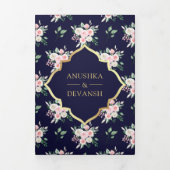 Donkerblauw Bloemen Alles in één Gouden Indische b Drieluik Uitnodiging (Cover)